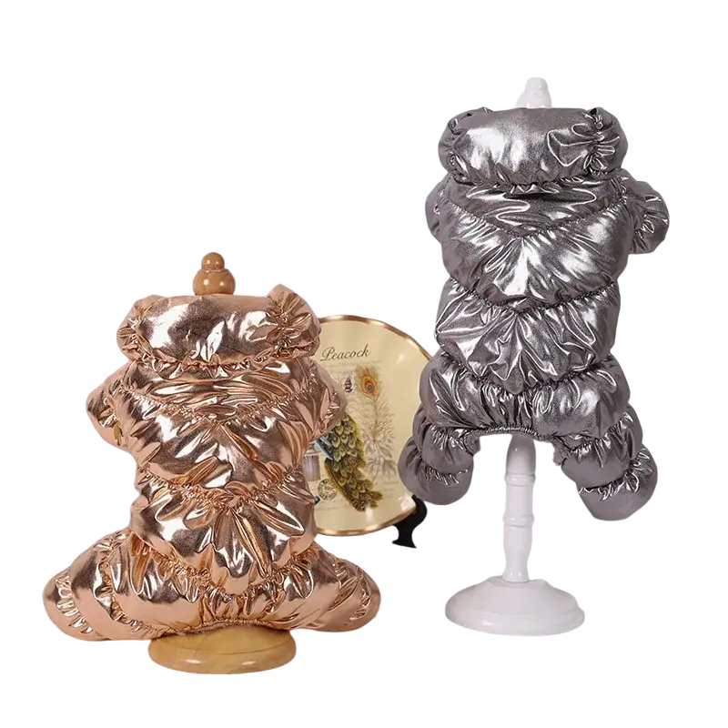 Shiny metallic rose gold and silver pet clothing puppy windproof puffer coat with hood and ruffled trim for winter