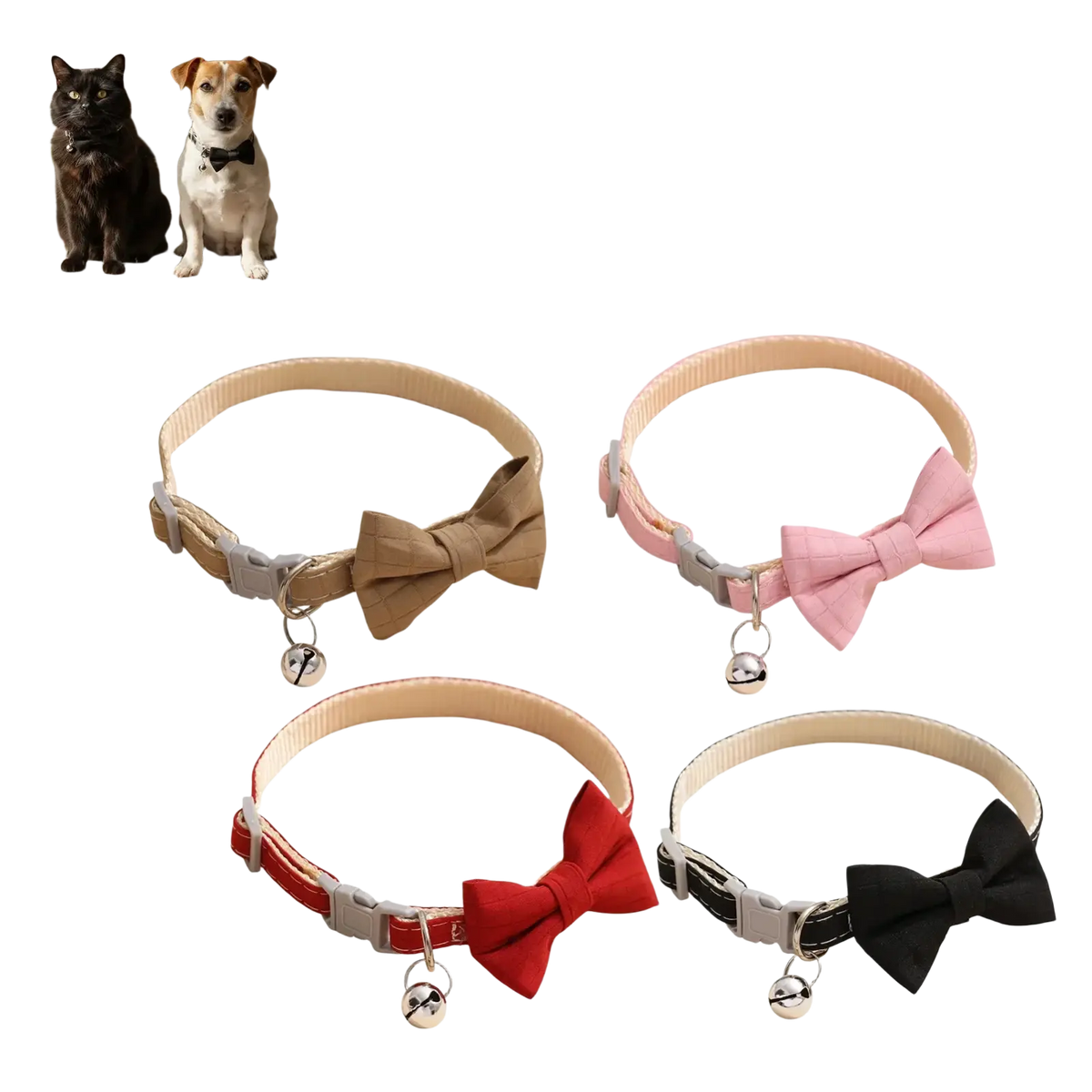 Pet collar 22-28cm adjustable bowtie set in beige pink red and black with silver bells and buckle fasteners