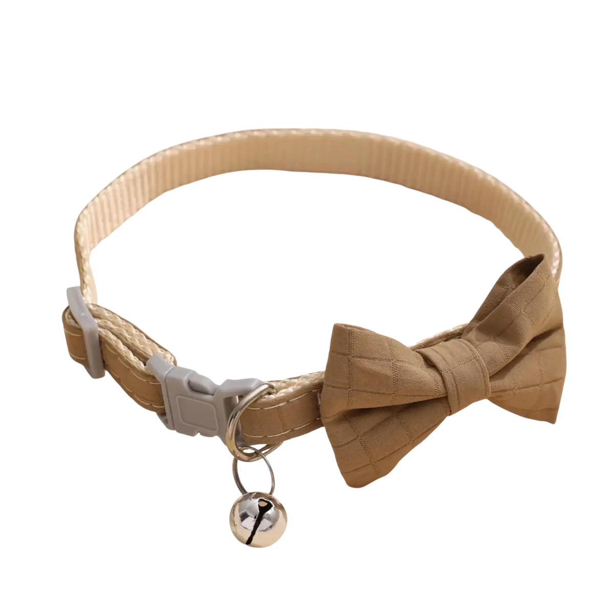 Beige quilted bow tie pet collar with silver bell and gray plastic buckle adjustable 22-28cm for cats