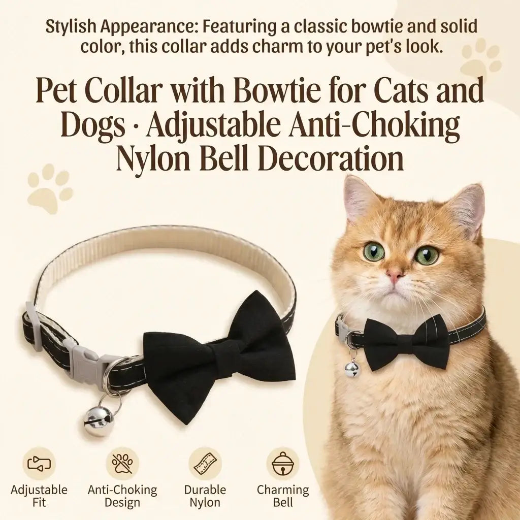 Black nylon pet collar 22-28cm adjustable with classic bowtie and silver bell decoration for pets