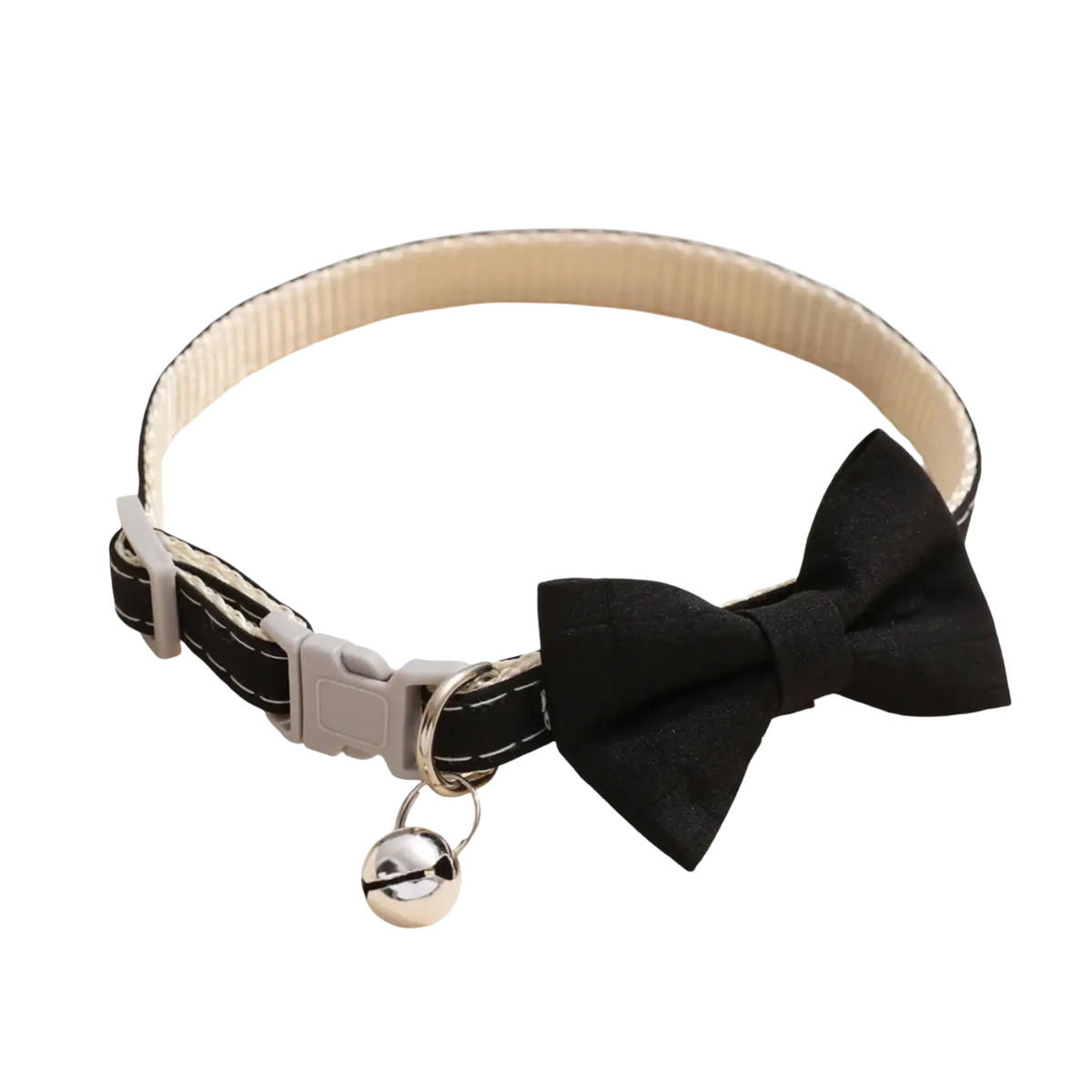 Black satin bow tie pet collar 22-28cm adjustable with silver bell and gray plastic buckle for cats