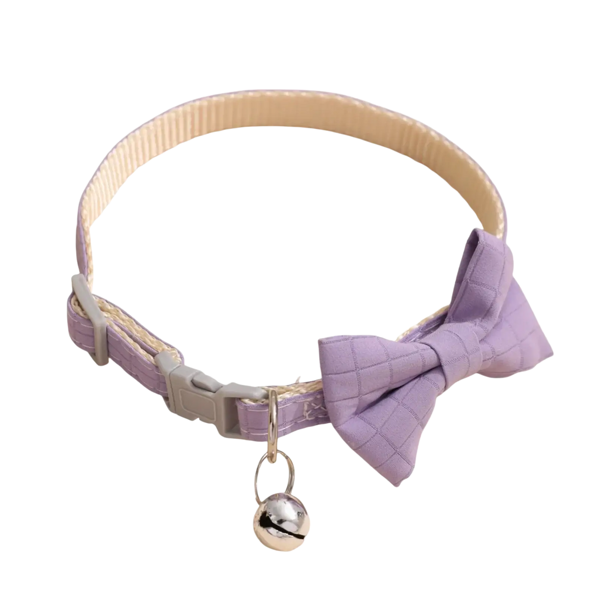 Lavender quilted bow tie pet collar 22-28cm with silver bell charm and adjustable gray plastic buckle
