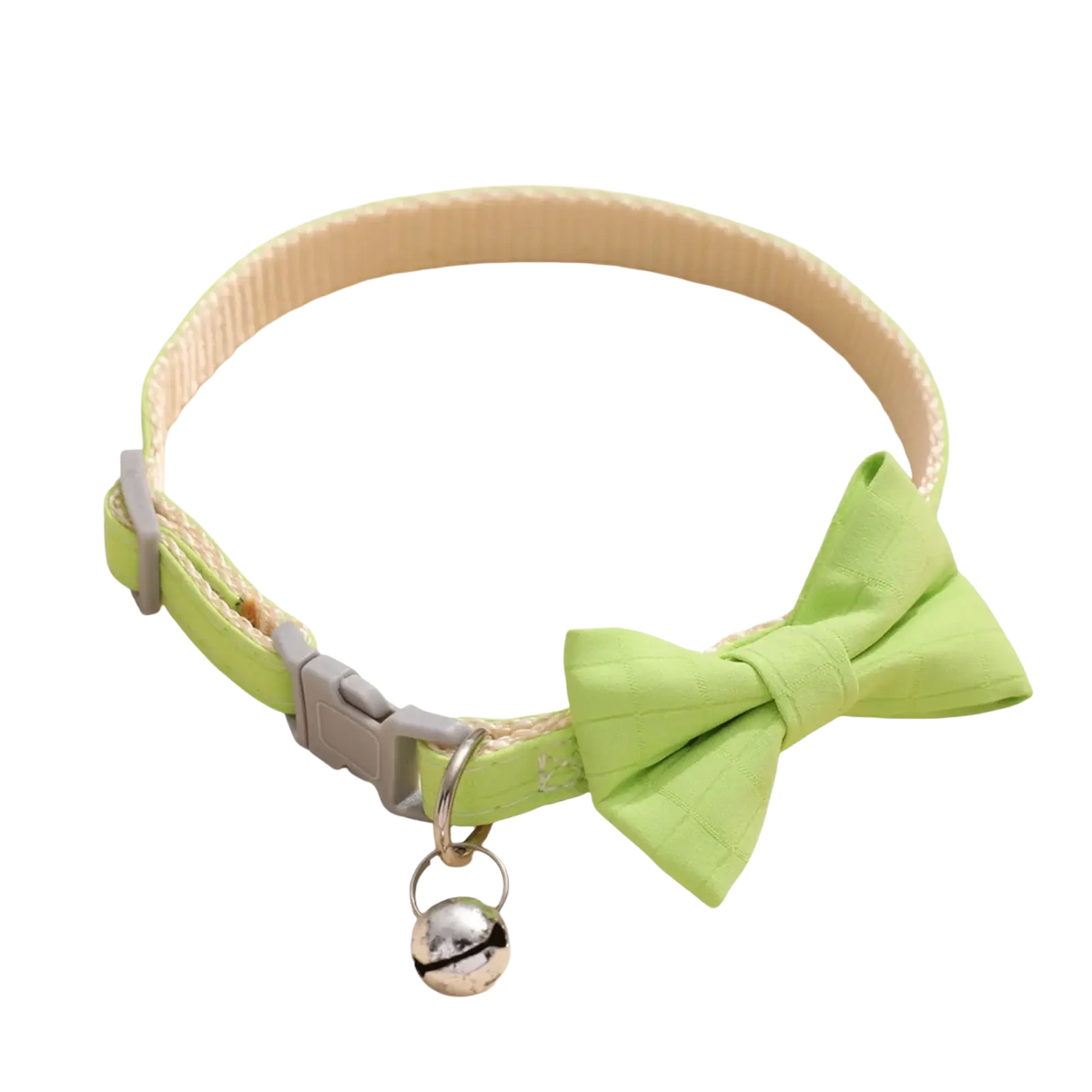Light green fabric pet collar 22-28cm adjustable bowtie with silver bell charm and beige inner lining