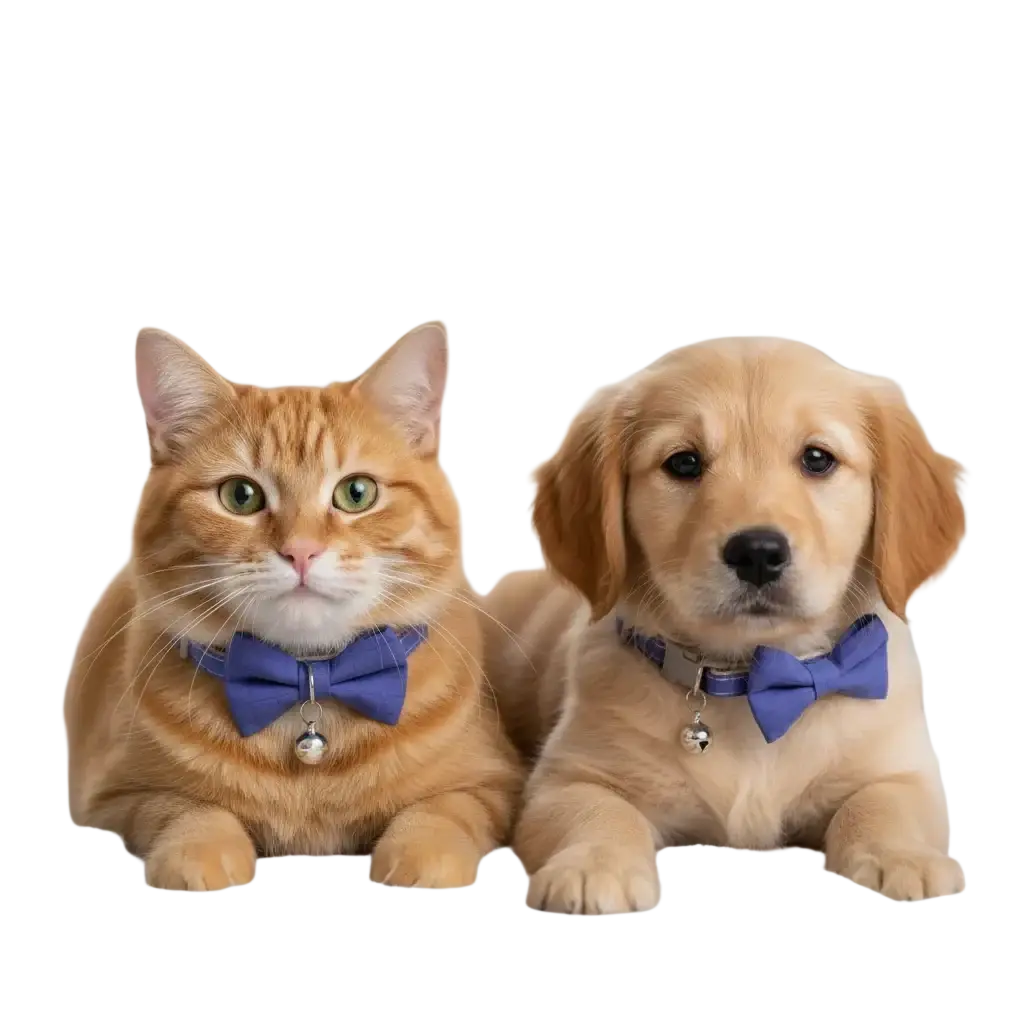 Orange tabby cat wearing a blue adjustable pet collar 22-28cm with bowtie and small silver bell accessory