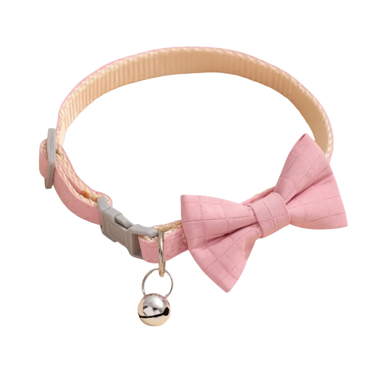 Pink quilted pet collar with bowtie, silver bell, and gray plastic buckle adjustable for 22-28cm neck sizes