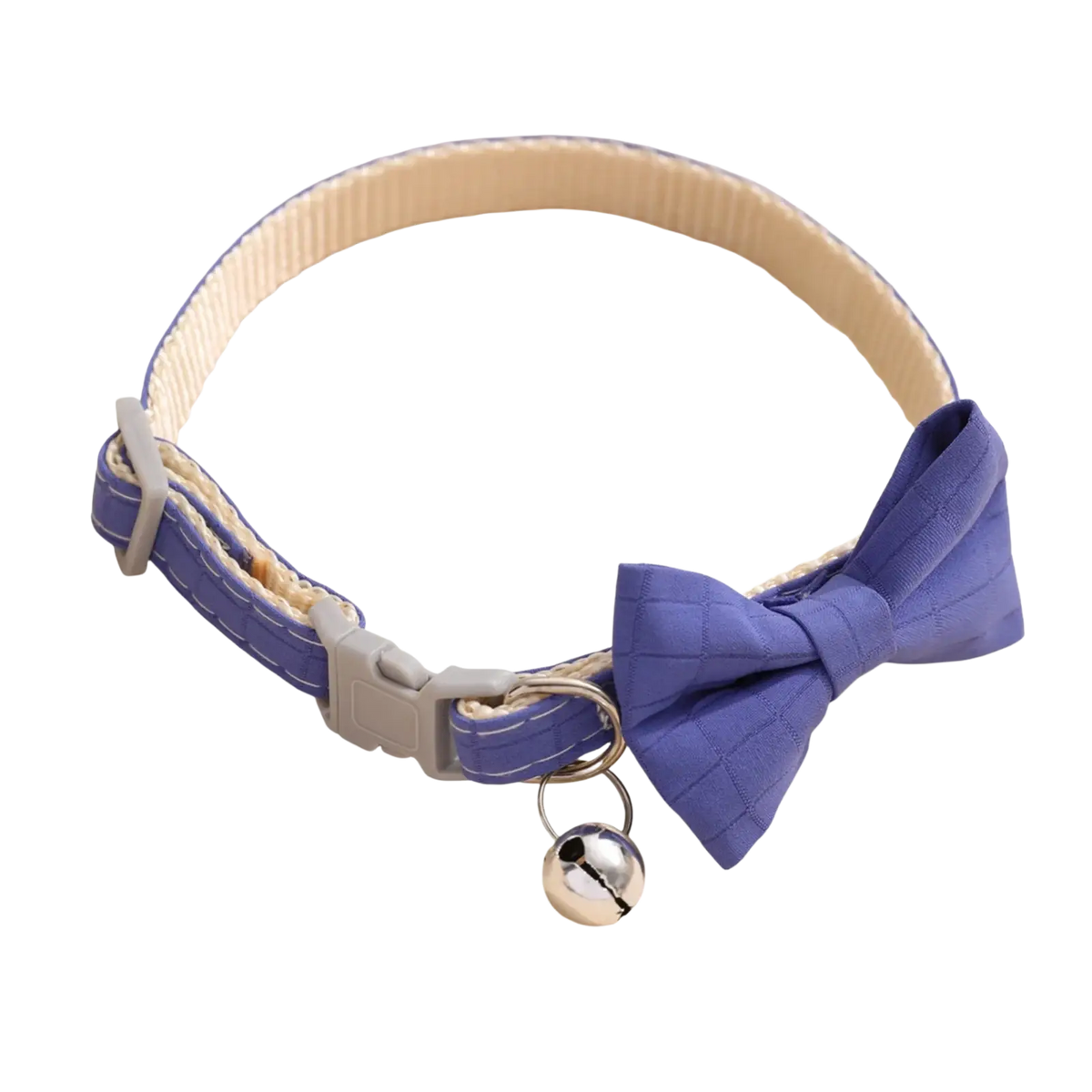 Purple quilted pet collar 22-28cm adjustable bowtie with beige lining and silver bell for cats