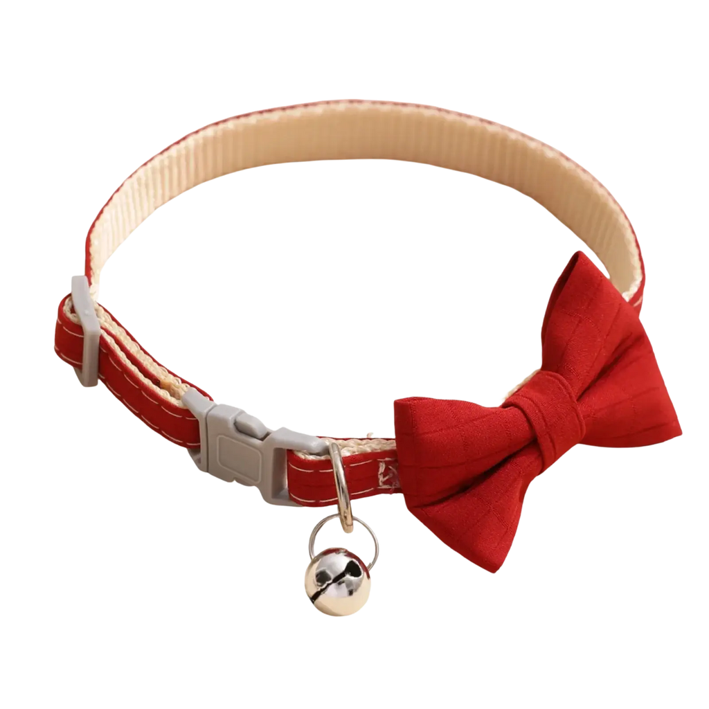 Red fabric pet collar 22-28cm adjustable bowtie with beige lining gray buckle and silver bell charm