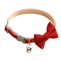 Red fabric pet collar 22-28cm adjustable bowtie with beige lining gray buckle and silver bell charm