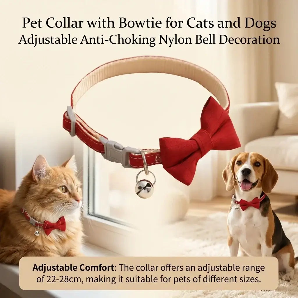 Red nylon pet collar 22-28cm adjustable with matching bowtie and attached bell for stylish pets