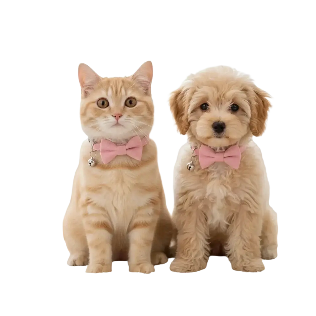 A soft beige pet collar 22-28cm adjustable bowtie with silver bells worn by a fluffy puppy