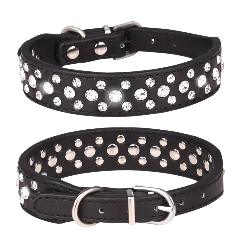 Black leather pet collars with sparkling clear rhinestones and silver-toned hardware for small dogs and cats