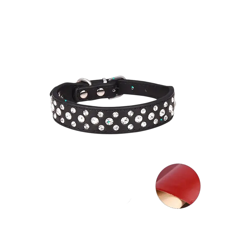 Black pu leather pet collar for small dogs and cats with clear rhinestones and silver adjustable buckle