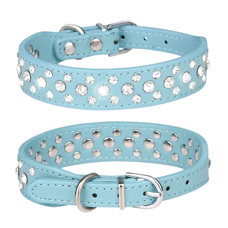 Light blue faux leather pet collar with clear rhinestones and silver metal hardware for small dogs and cats