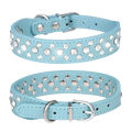 Light blue faux leather pet collar with clear rhinestones and silver metal hardware for small dogs and cats