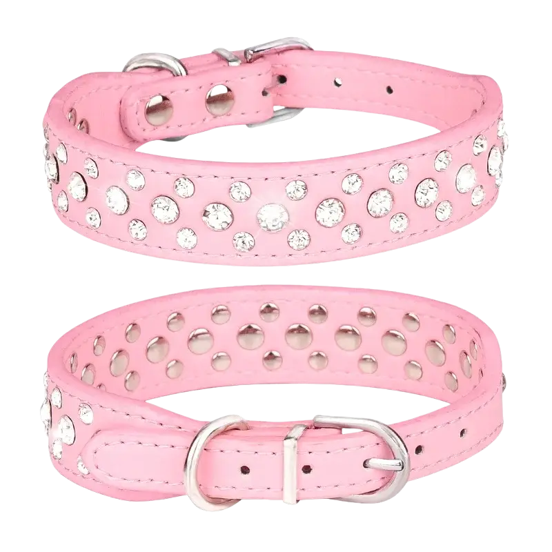 Pink leather pet collars with silver hardware and rhinestones or perforated design for small dogs and cats
