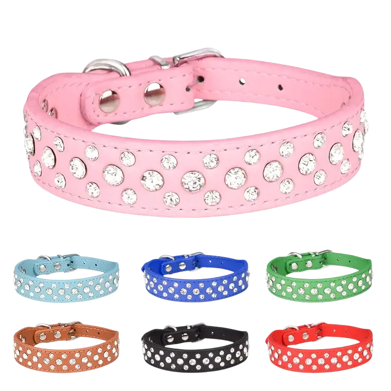 Pink studded pet collar with clear rhinestones silver hardware made of pu leather for small dogs and cats