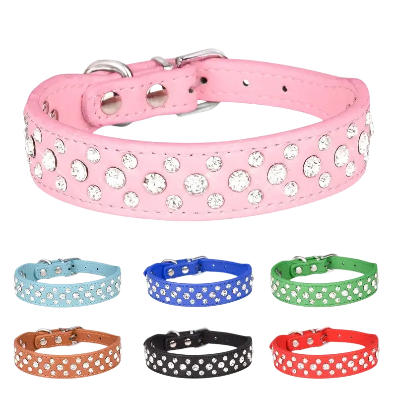 Pink studded pet collar with clear rhinestones and silver metal hardware made of pu leather for small dogs and cats