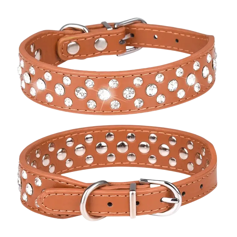 Tan leather pet collar for small dogs and cats with clear rhinestones and silver-toned metal hardware