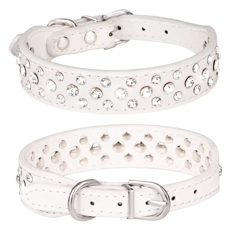 White leather pet collars for small dogs and cats with rhinestones and perforated pu leather design