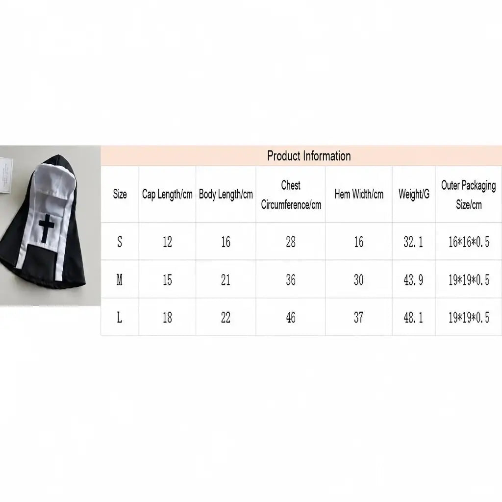 Black and white nun-style hooded pet costume with cross emblem made of spandex blend for medium dogs