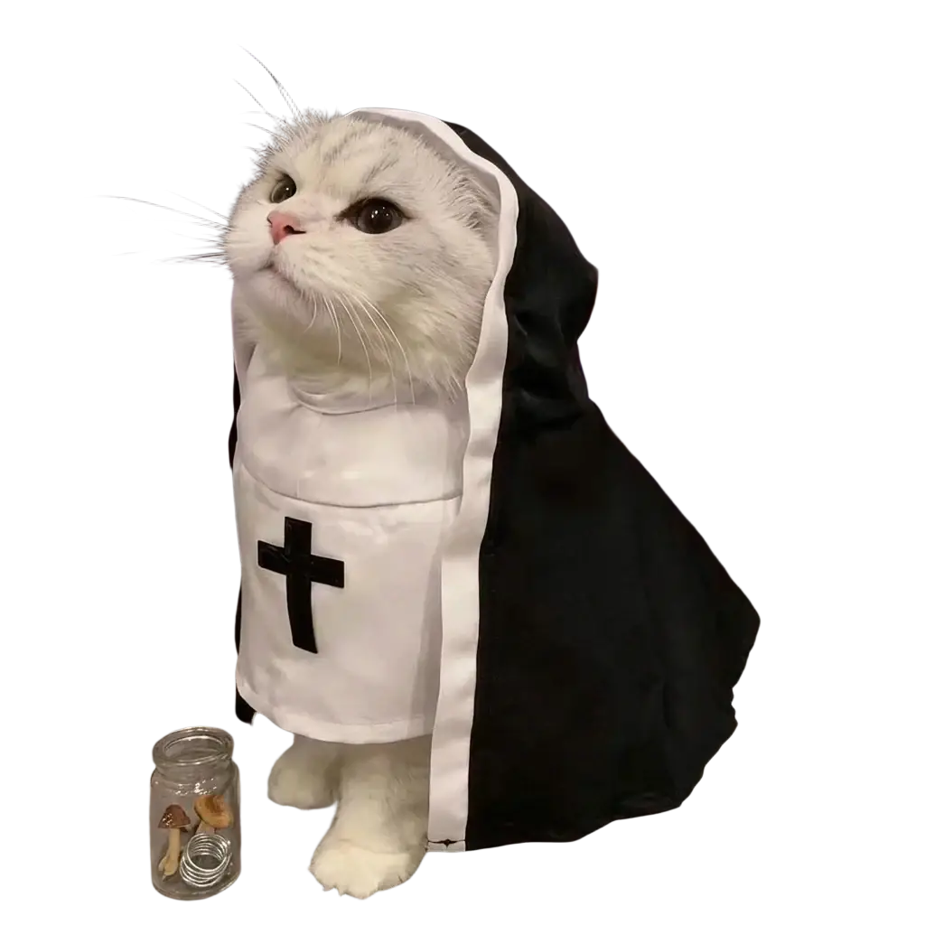 White and black pet costume nun style with cross emblem made of spandex blend for medium dogs