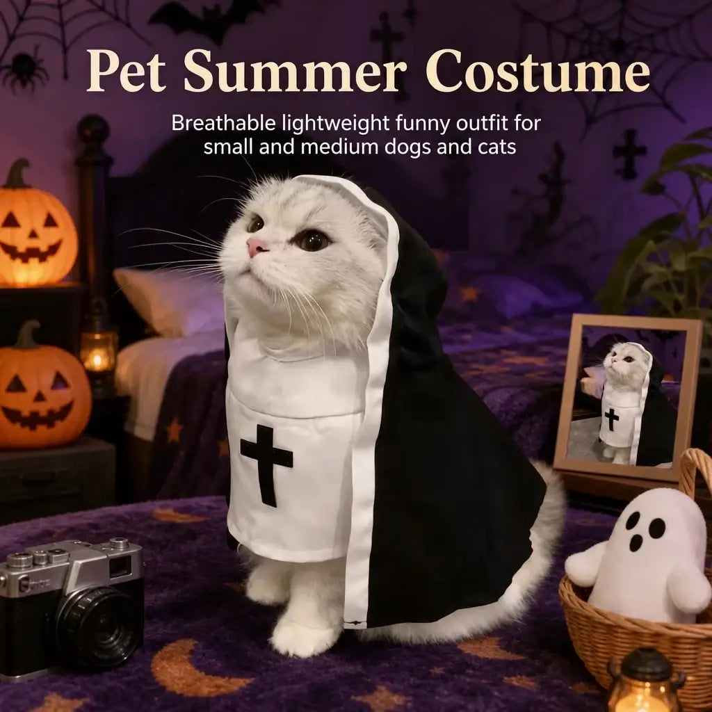White and black pet costume nun style spandex blend hooded robe with cross emblem for medium dogs