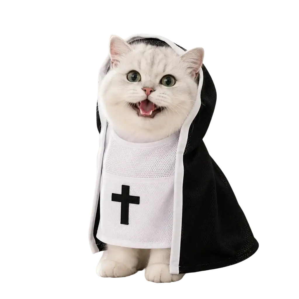 White fluffy cat wearing a black and white pet costume nun style spandex blend designed for medium dogs