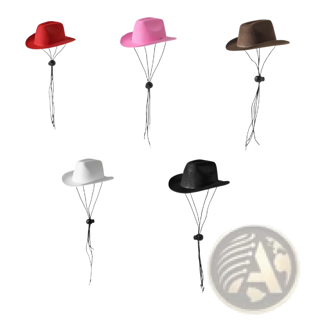 Miniature fabric pet cowboy hats in red pink brown white and black with adjustable drawstrings for dogs and cats