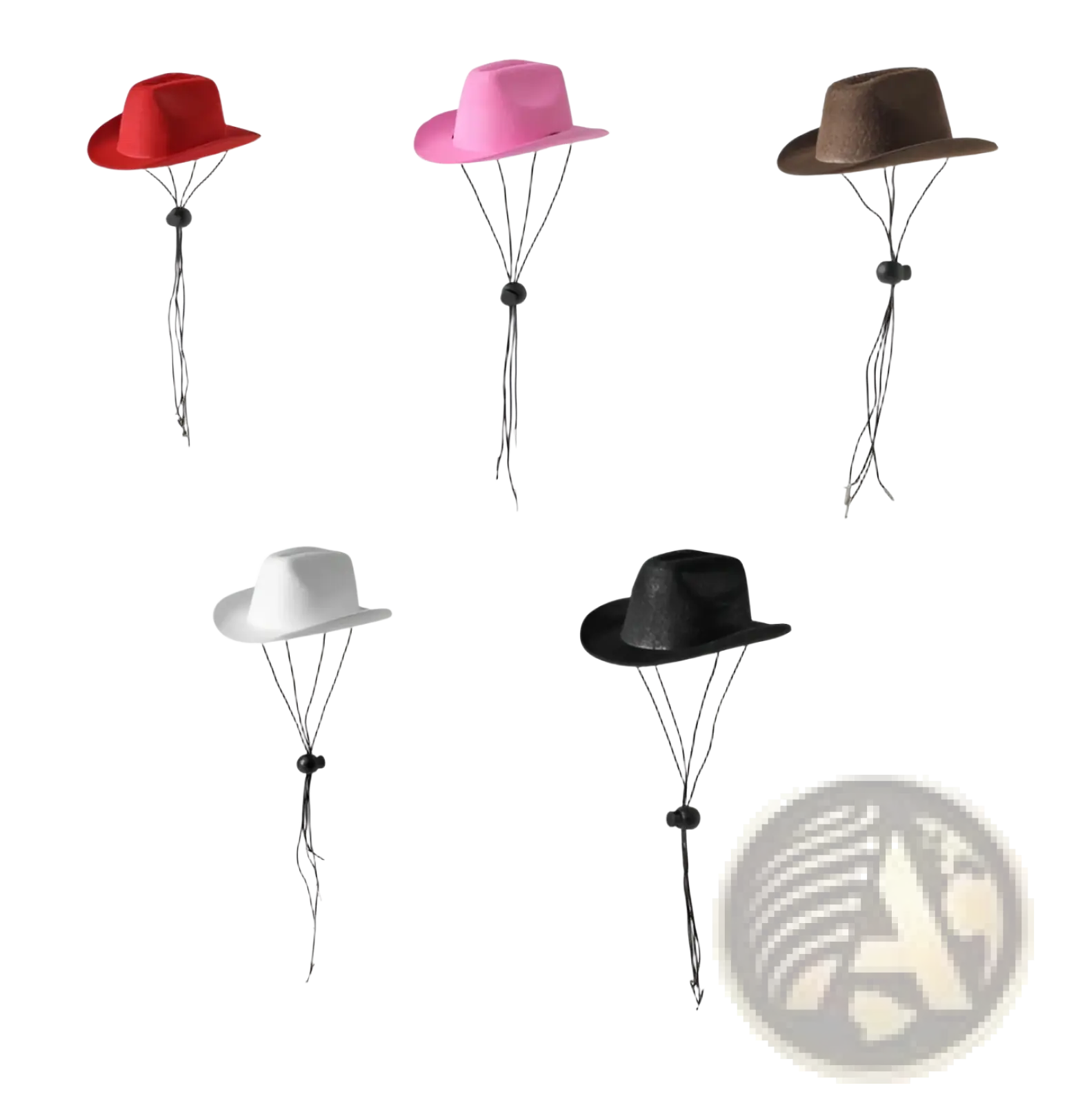 Miniature fabric pet cowboy hats in red pink brown white and black with adjustable drawstrings for dogs and cats