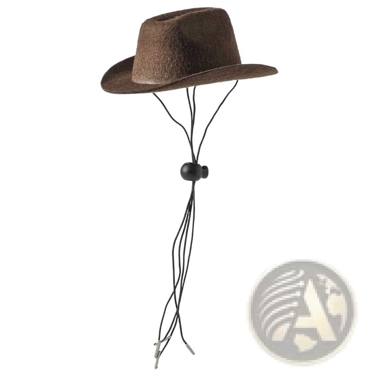 Brown felt pet cowboy hat with black adjustable strap and metal clips for dogs and cats costume