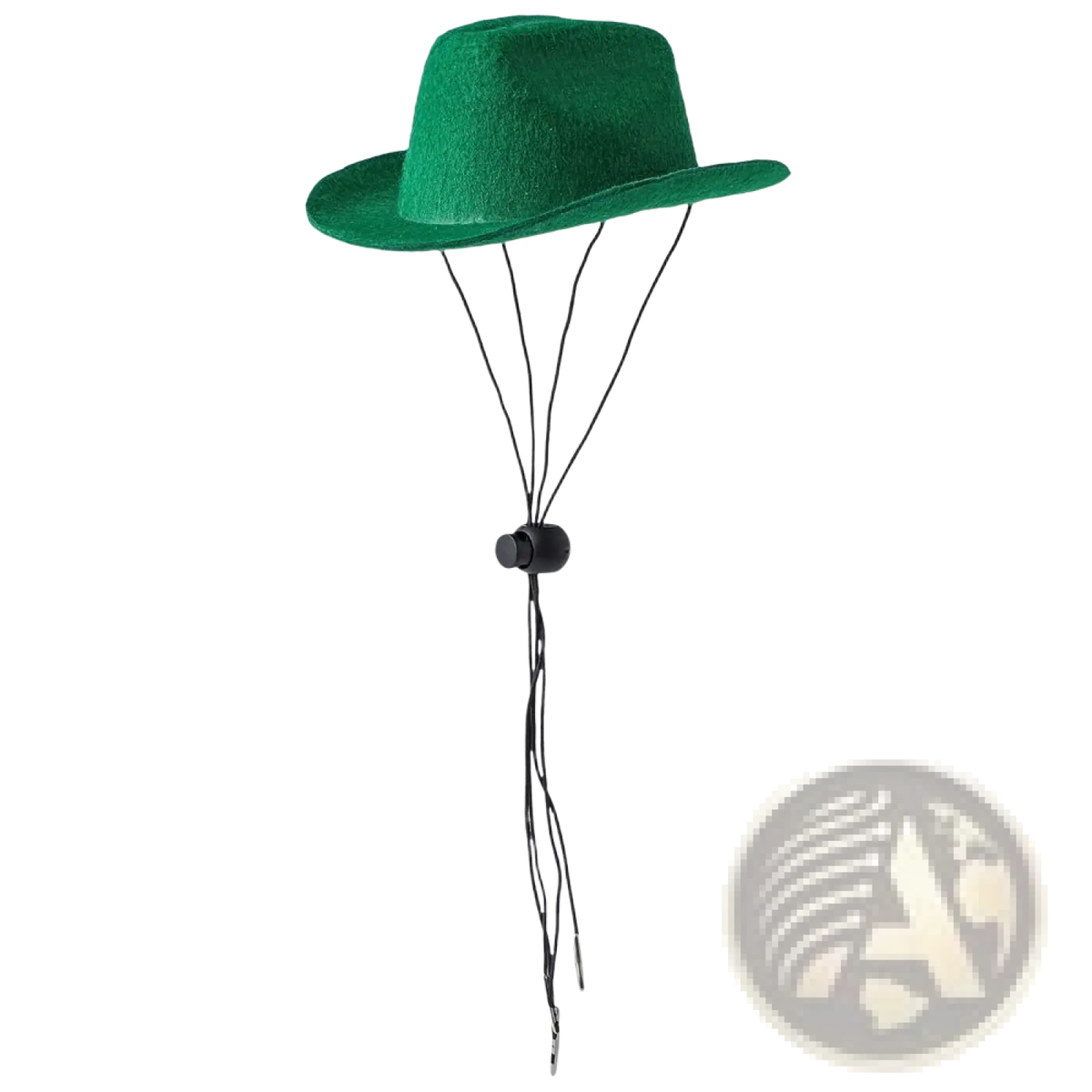A vibrant green felt pet cowboy hat with a black adjustable strap and buckle for dogs and cats
