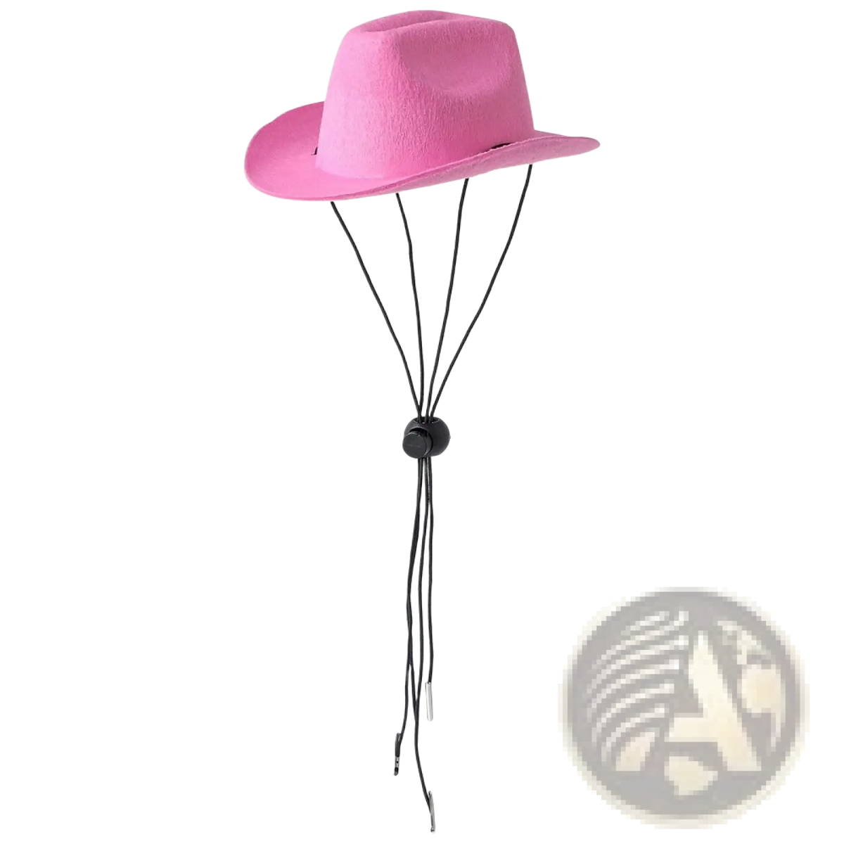 A vibrant pink felt pet cowboy hat with a black adjustable chin strap for dogs and cats