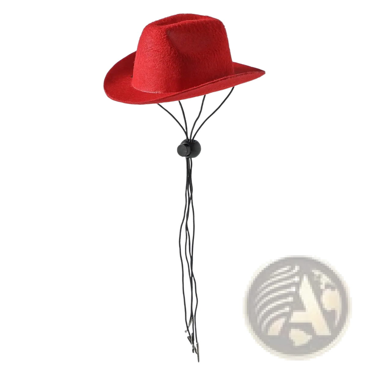 A vibrant red plush felt pet cowboy hat with a black adjustable chin strap for dogs and cats