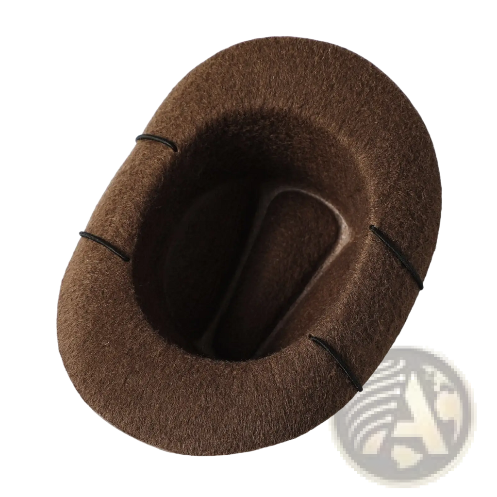 Brown felt pet cowboy hat for dogs and cats with black stitching along the brim in front view