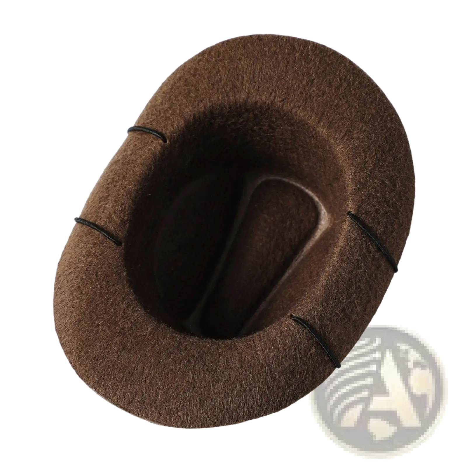 Brown felt pet cowboy hat for dogs and cats with black stitching along the brim in front view