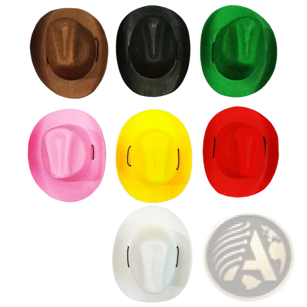 A set of seven colorful soft felt pet cowboy hats in brown black green pink yellow red and white for dogs and cats