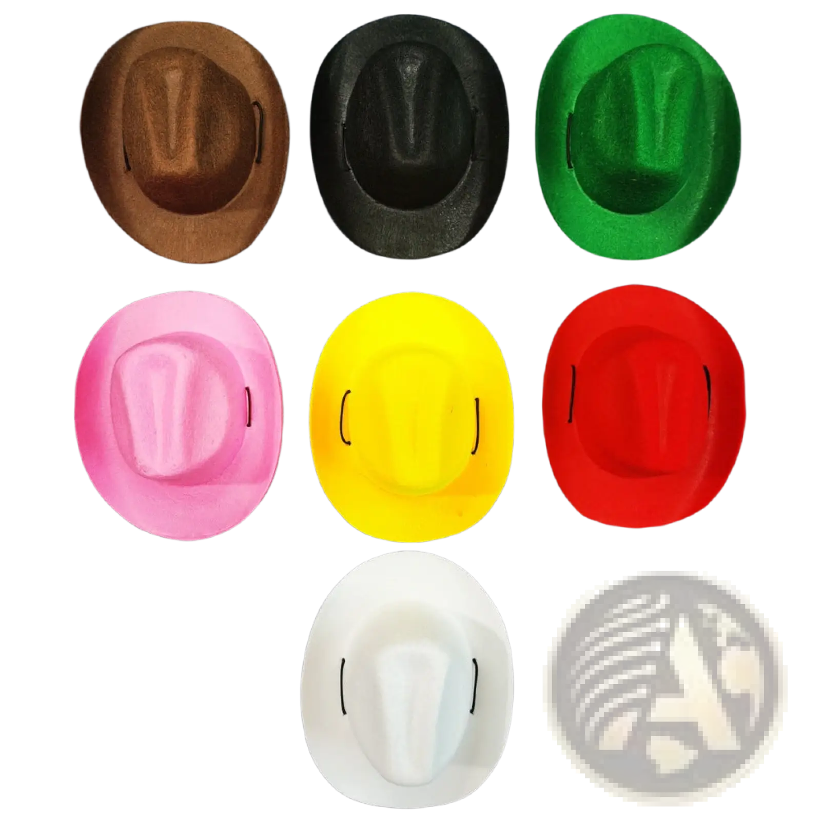 A set of seven colorful soft felt pet cowboy hats in brown black green pink yellow red and white for dogs and cats