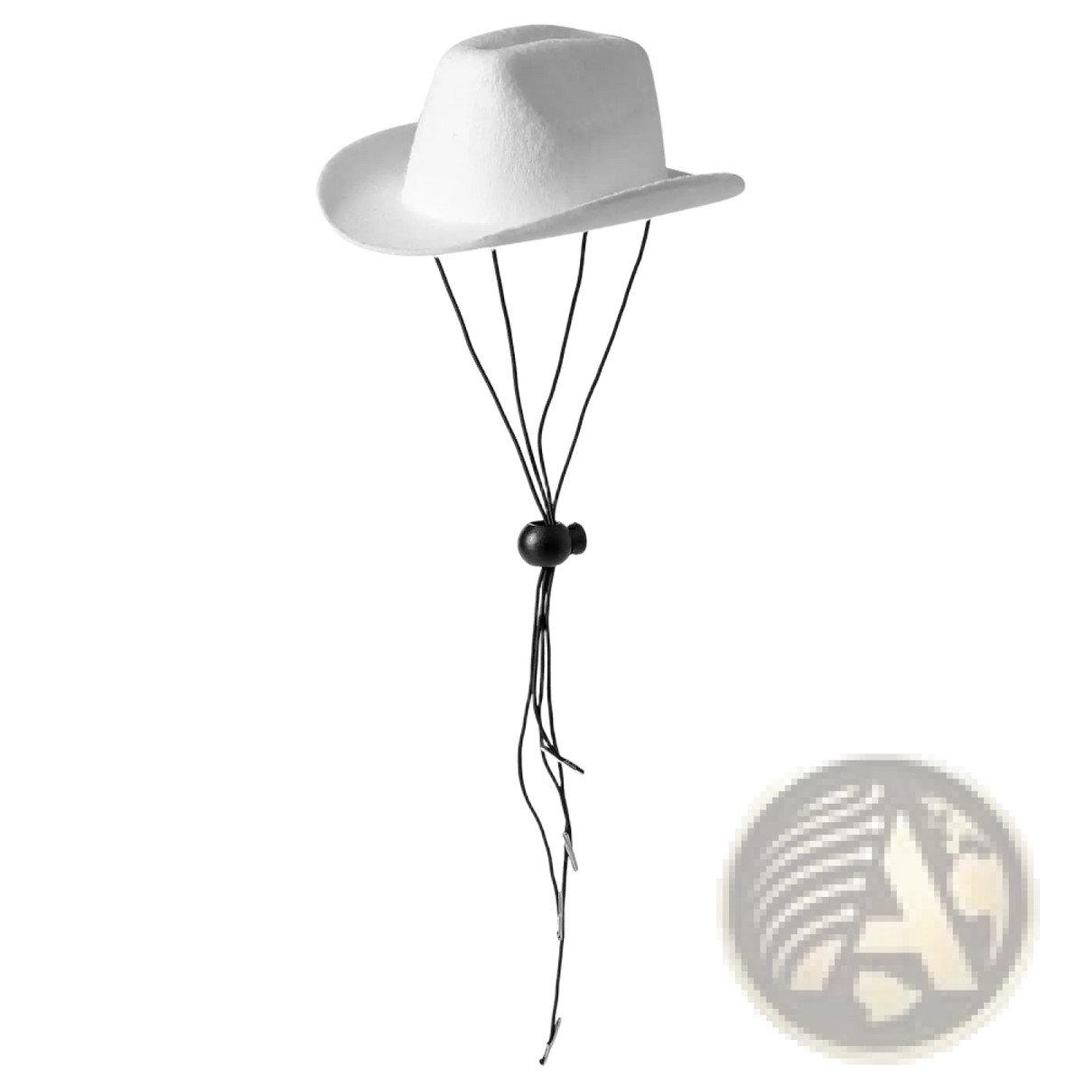 White felt cowboy hat for dogs and cats with a black adjustable chin strap for pet costume use