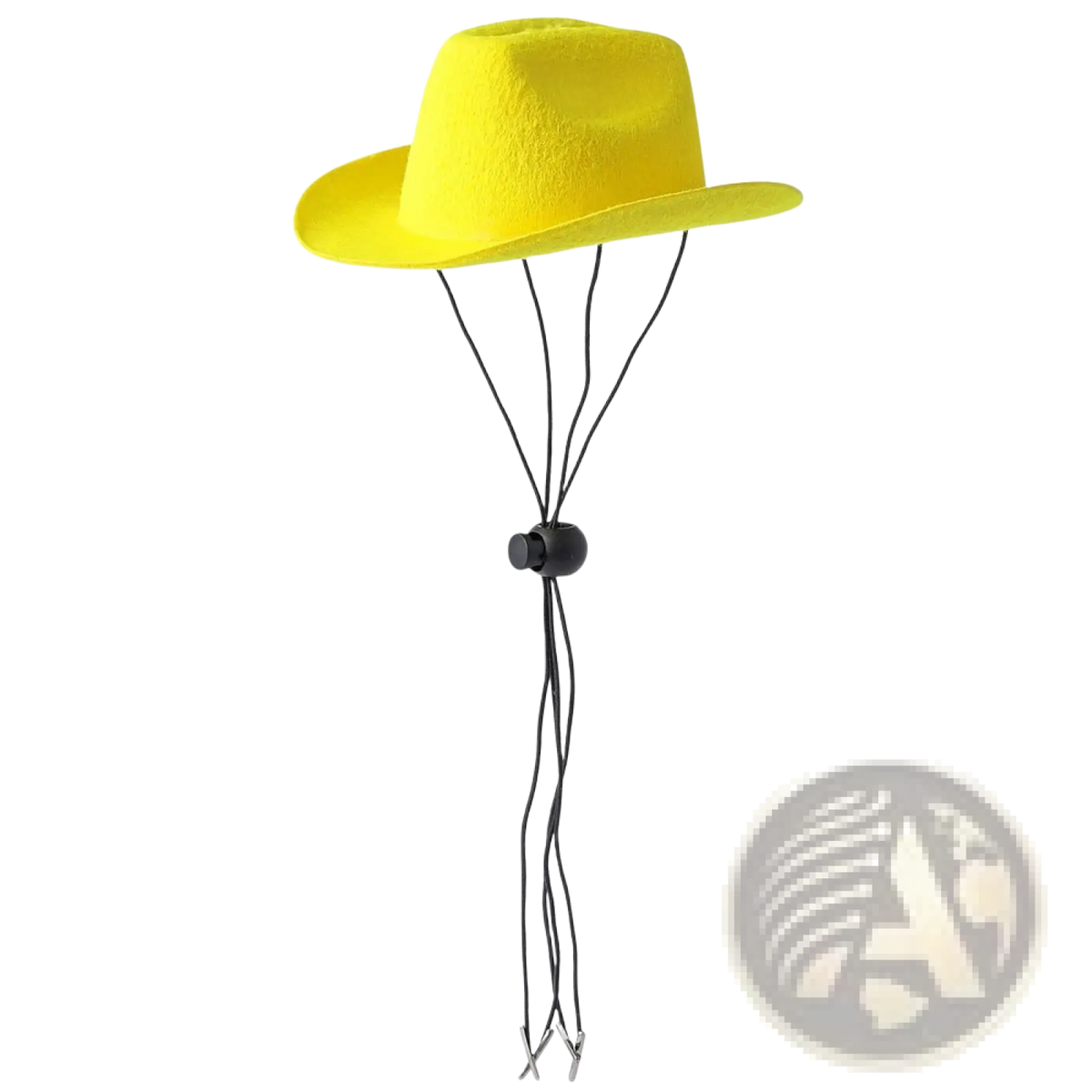 Bright yellow felt pet cowboy hat with black adjustable strap and metal clips for dogs and cats