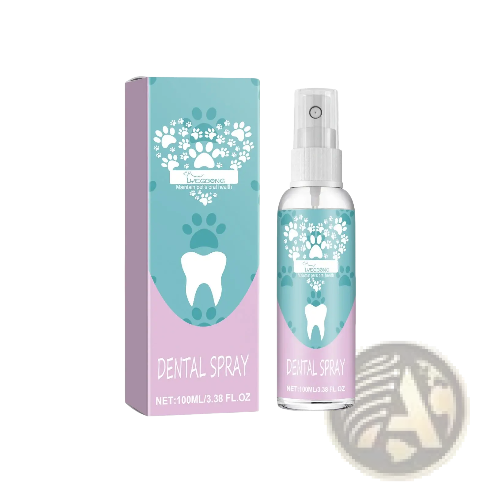 A clear spray bottle with white pump and teal pink paw print packaging labeled dental spray by Weggong for pet oral care