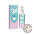 A clear spray bottle with a white pump and teal and pink dental spray packaging by weggong for pet oral care