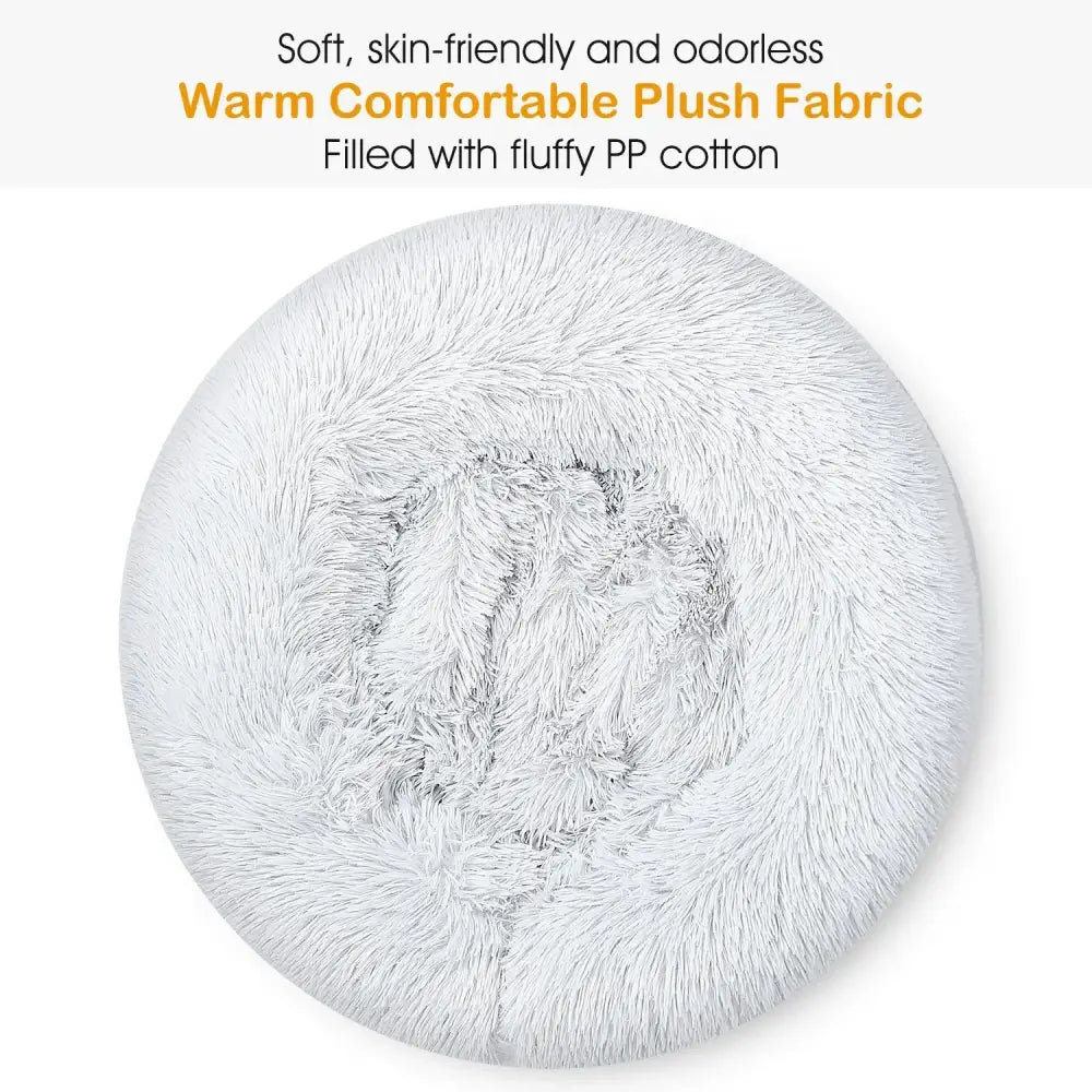 Plush fleece donut pet bed in white with fluffy pp cotton filling and soft skin friendly fabric for cats and small dogs