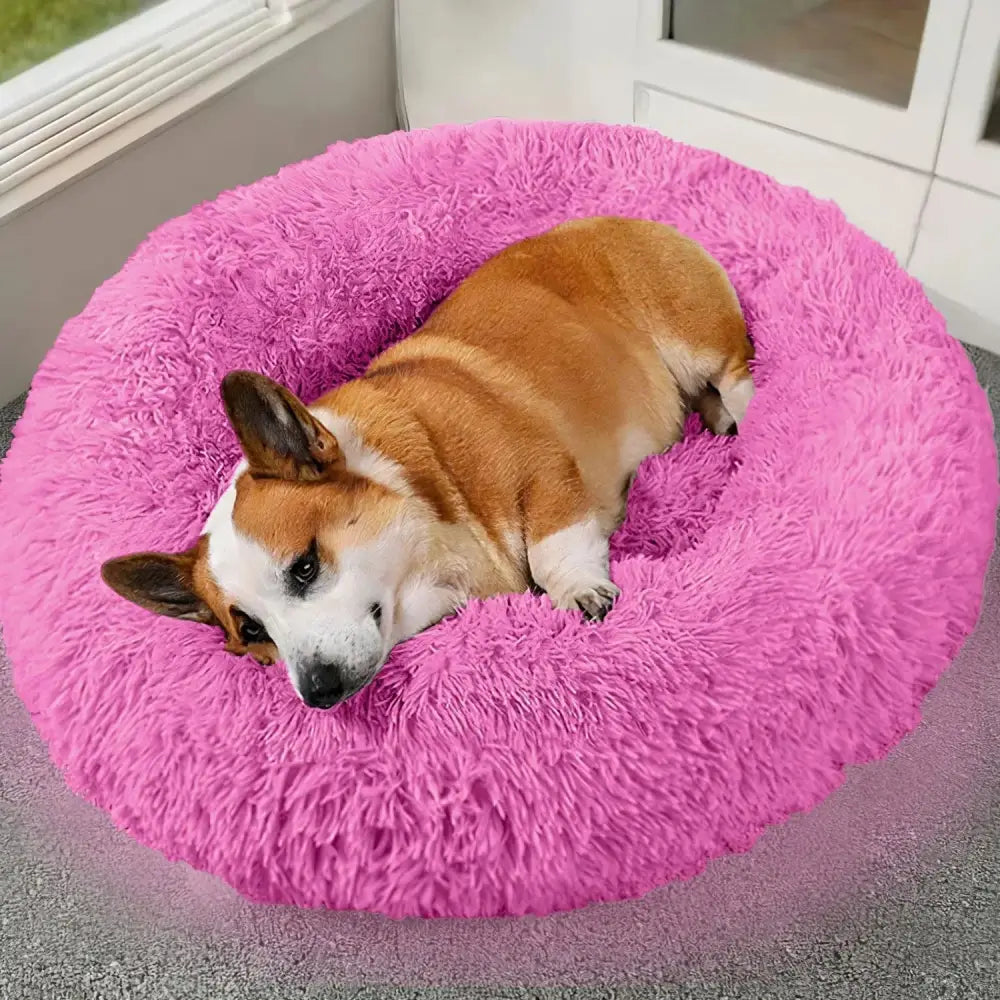 Vibrant pink plush fleece donut pet bed designed for cats and small dogs offering cozy comfort
