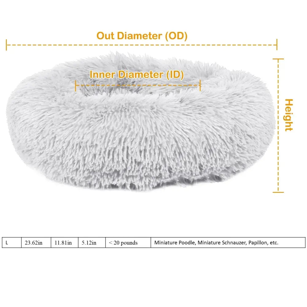 Plush fleece donut pet bed in white fluffy faux fur designed for small dogs and cats under 20 pounds