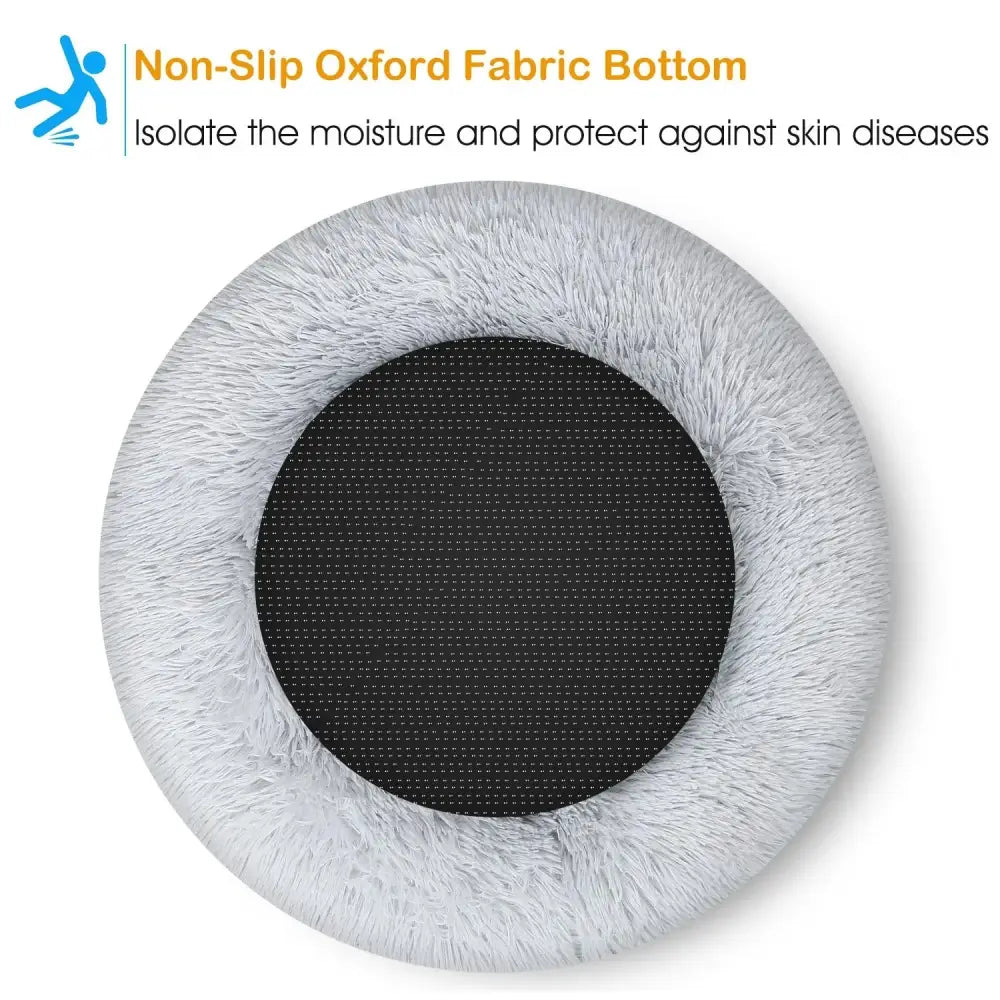 Plush fleece donut pet bed with light gray faux fur ring and black non-slip oxford fabric bottom for cats and small dogs