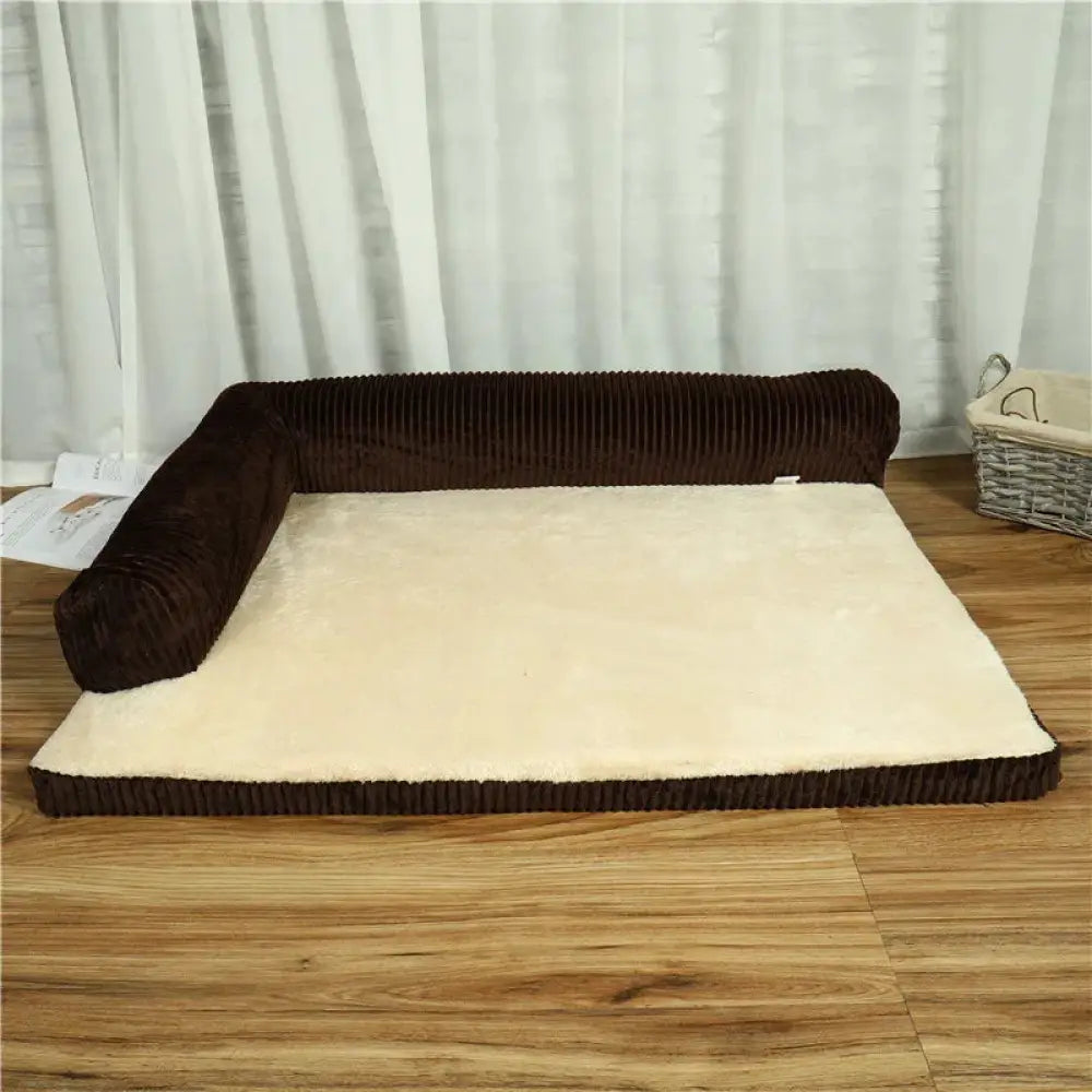 Premium corduroy plush orthopedic pet bed in brown with a cream-colored plush cushion for pet comfort