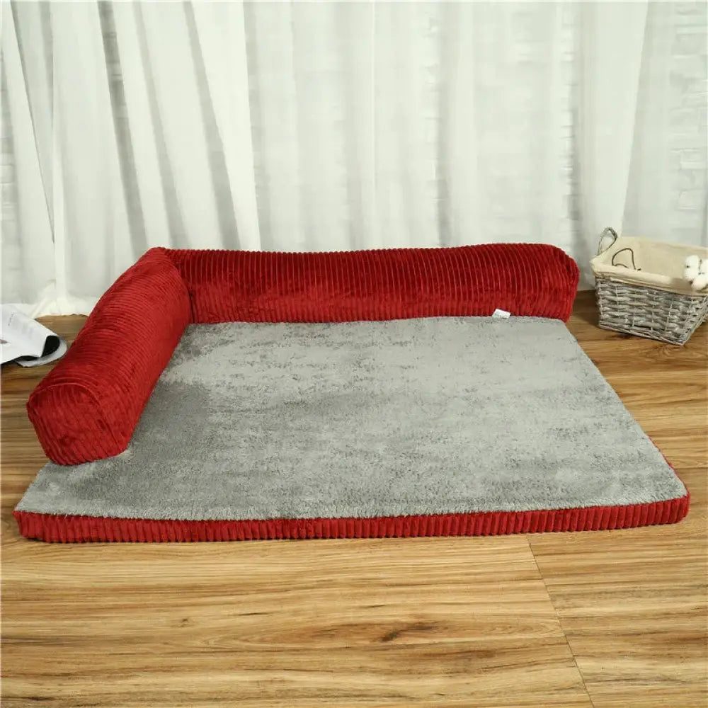 Premium corduroy plush orthopedic pet bed in red and gray with cushioned design for comfortable support