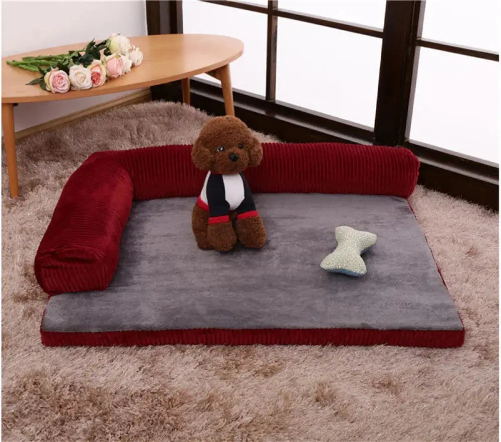Premium corduroy plush orthopedic pet bed in red and gray with cushioned design for enhanced pet comfort