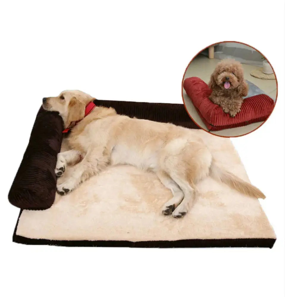 Premium corduroy plush orthopedic pet bed in cream with black corduroy border and matching bolster pillow