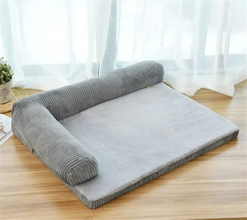 Premium corduroy plush orthopedic pet bed in gray with soft plush interior and rolled-up sides for comfort